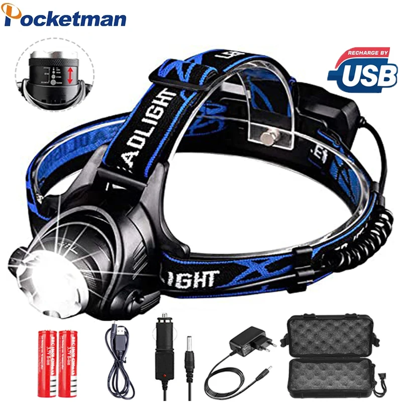 

LED Headlamp Powerful L2/T6 LED Headlight Rechargeable Zoomable Head Lamp Waterproof Head Torch Camping Head Flashlight