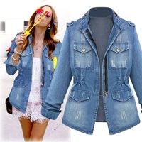 new casual for women plus size denim oversize jeans chain in jacket pocket coat polyester pattern solid turn down necklace
