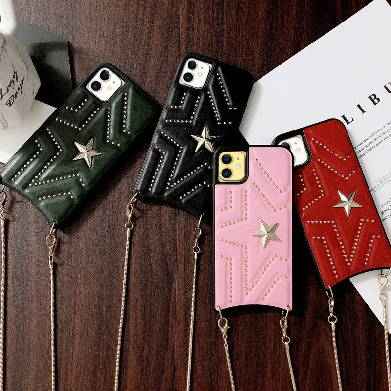 

Fashion Design Luxury Leather Stars Rivet Lanyard Phone Cases for Iphone11 Pro Max 12 Pro Mini XR XS 8 X 7 Plus Protection Case