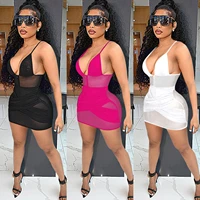sexy sheer mesh see through birthday party dress women spaghetti strap sleeveless sheath dress hipster backless package hip robe