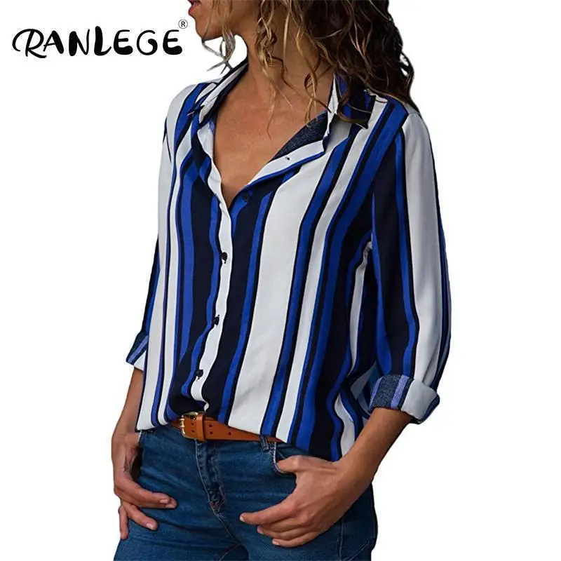 Женская блузка в полоску RANLEGE свободная повседневная офисная с длинным рукавом и