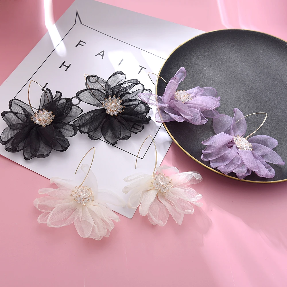 

Ztech Fashion Crystal With Purple/Black/White Lace Flower Drop earrings For Women Girls Korean Long Earrings Female Jewelry