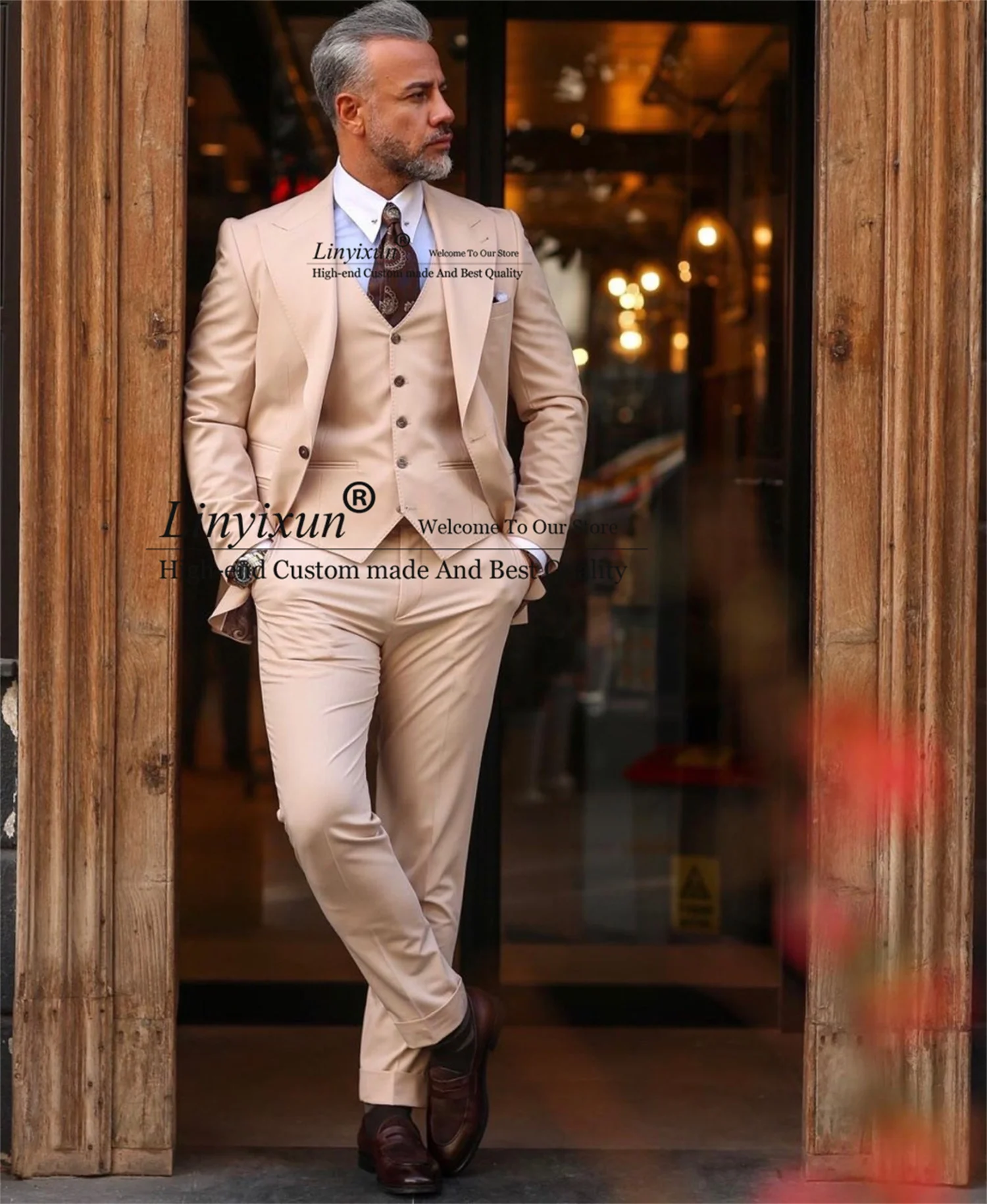 

Beige Men Suits Slim Fit Wide Peak Lapel Groom Wedding Tuxedos Latest Design 3 Pieces Set Business Male Blazer Terno Masculino