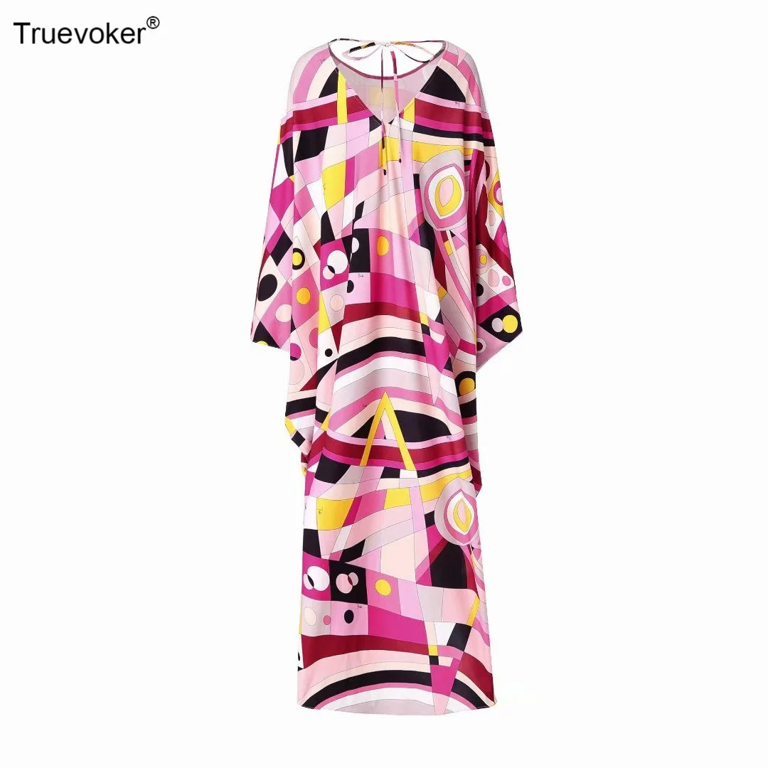 

Sleeve Women Batwing Multicolor Geometric Print Long Dress Loose Elastic Knitting Cotton Prom Robe Customize Size