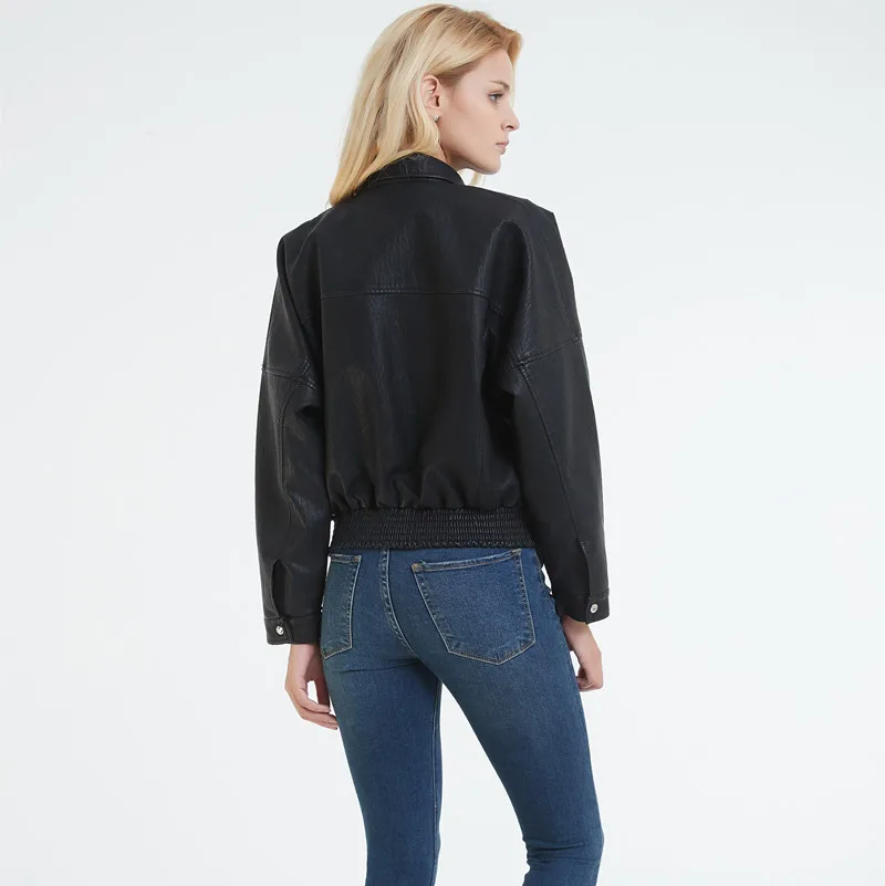 

Women Loose Faux Soft Pu Leather Jacket Long Sleeve Motorcycle Pu Leather Jacket Lady Spring Autumn Streetwear Coat