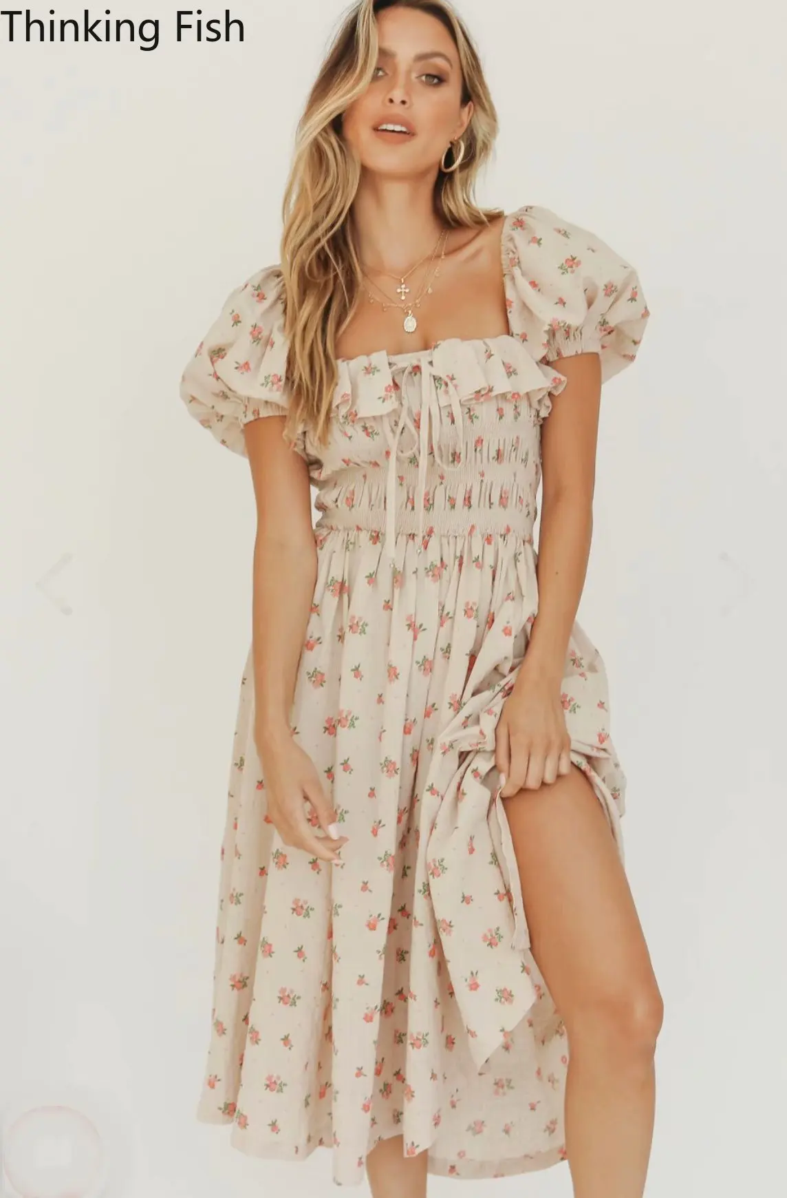 

Shirred Bust Vintage Dress Puff Sleeve Boho Midi Dresses for Women Cotton Floral Print Summer Dress Bohemian Vestidos