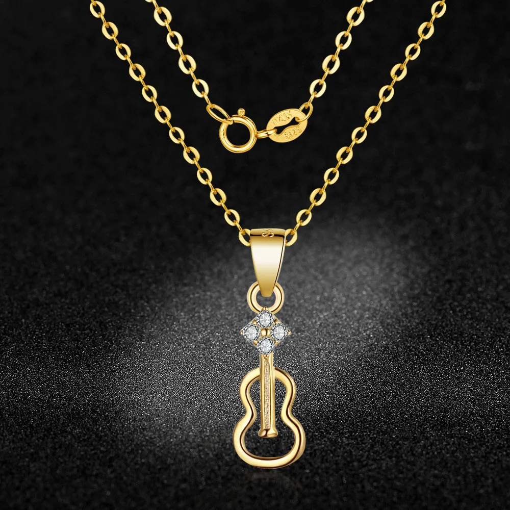 HMSFELY Real 925 Silver Gold Guitar Pendant Female Necklace Jewellery For Gift Luxury Women Musical Necklaces Jewelry 40cm | Украшения и
