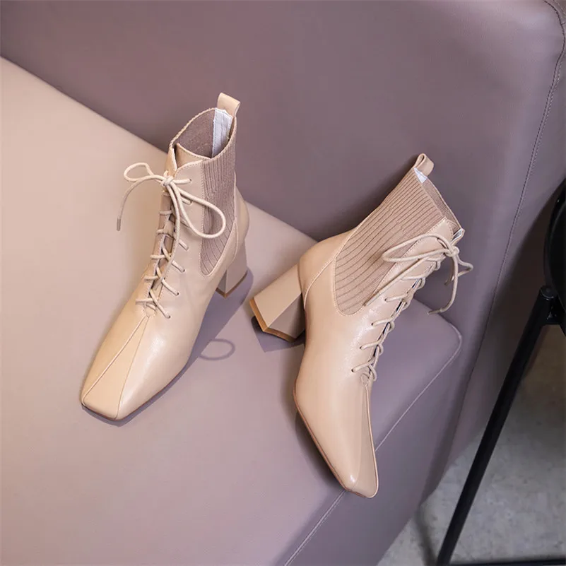 

Meotina Genuine Leather High Heel Lady Boots Short Boots Women Shoes Square Toe Thick Heels Lace Up Ankle Boots Autumn Winter 40