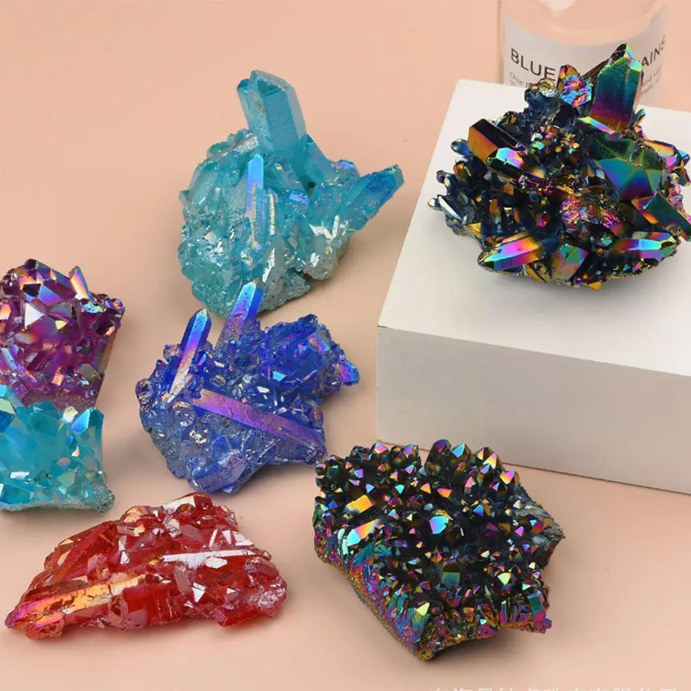 

Crystal Cluster Ornaments Natural Quartz Amethyst Stone Home Electroplated Colorful Specimen Healing Gifts Mineral P7R8