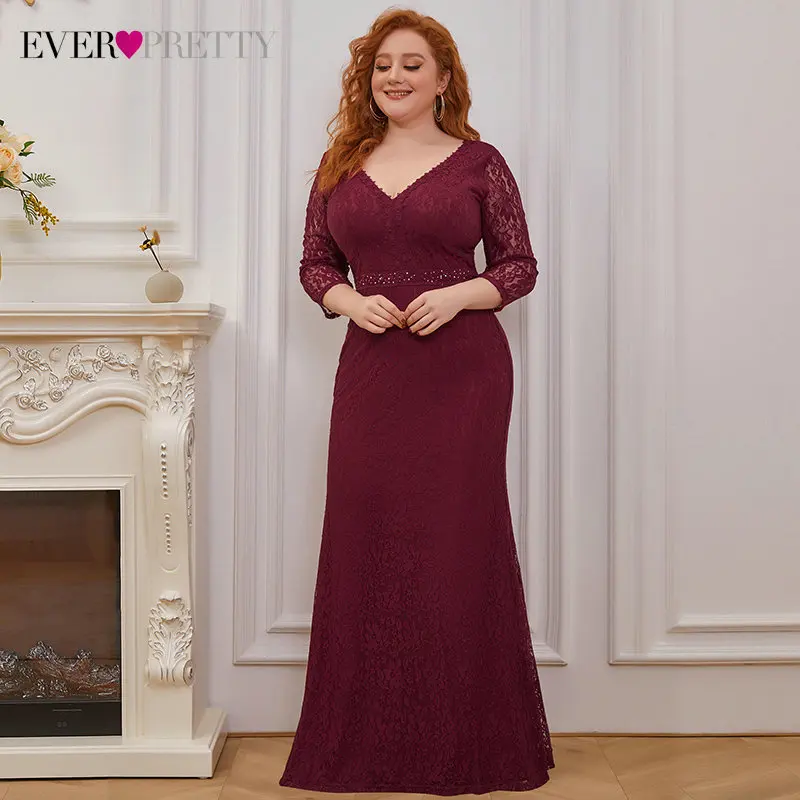 

Vintage Plus Size Lace Mother Of The Bride Dresses V-neck Three Quarter Sleeve Mermaid Wedding Party Dress Floor-length Vestidos