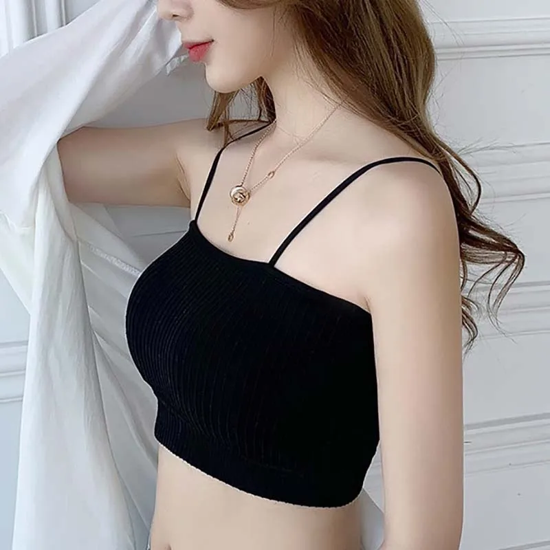

Push Up Solid Bra Elastic Gathering Bralette Wrap Chest Tube Top Seamless Underwear Lingerie Shoulder Strap Threaded Beauty-back
