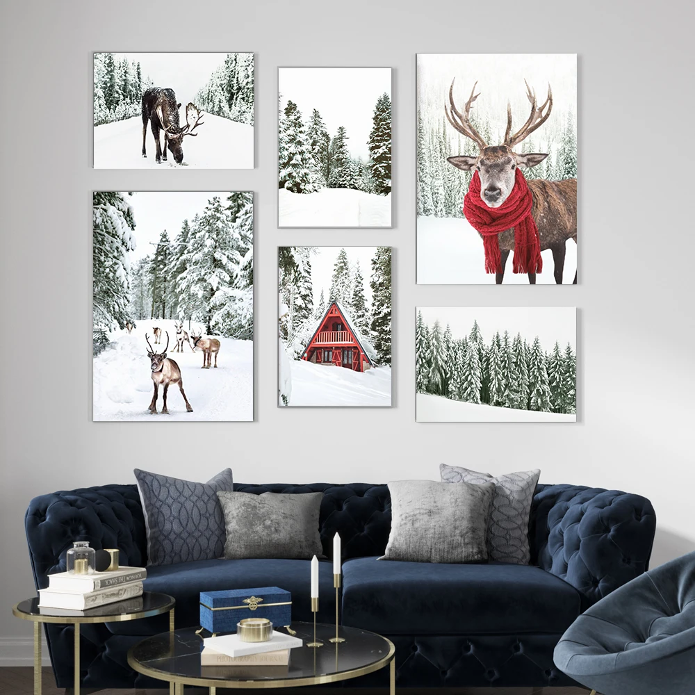 

Winter Art Print Forest Snow Scene Poster Christmas Elk Cabin Canvas Painting Modern Holiday Gift Wall Picture Living Room Decor