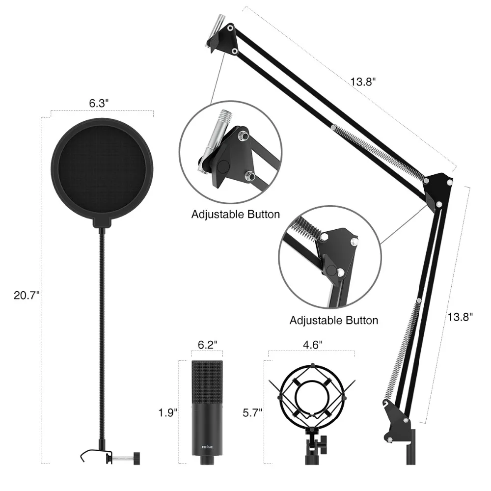FIFINE USB конденсаторный ПК микрофон с регулируемым настольным микрофоном arm& shock mount для студийной записи YouTube Vocals Voice
