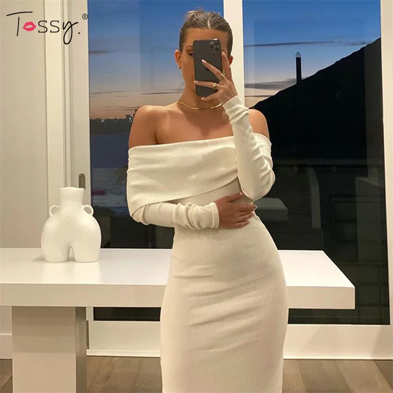 

Tossy Women's Elegant White Knitted Off Shoulder Maxi Dress Long Sleeve Solid Dresses Autumn Backless Sexy Slim Chic Vestidos