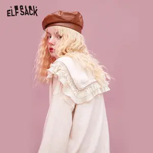 Вязаный пуловер ELFSACK, однотонный пуловер с контрастным кружевом, Женский винтажный свитер с длинным рукавом, корейский Женский Повседневный Топ, осень 2020