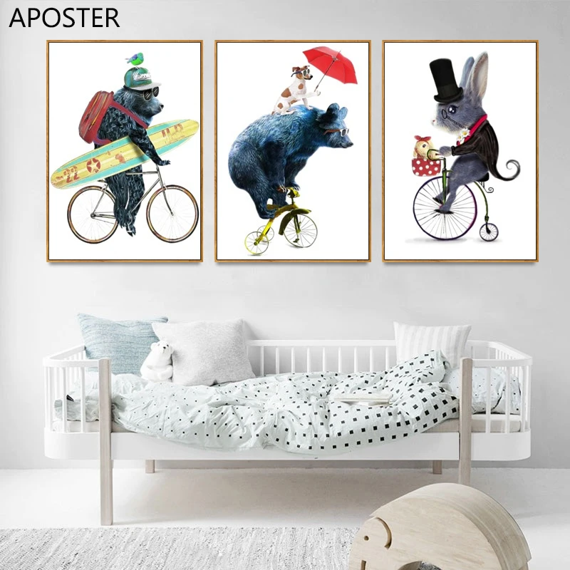 

Cartoon Bear Ride Bike Dog Rabbit Canvas Painting Children Posters And Prints Nursery Wall Art Pictures For Baby Kids Room Decor