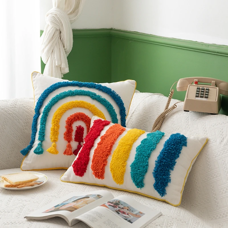 

Morocco Throw Pillow Case Colorful Rainbow Bridge Tufted Tassel Cushion Cover