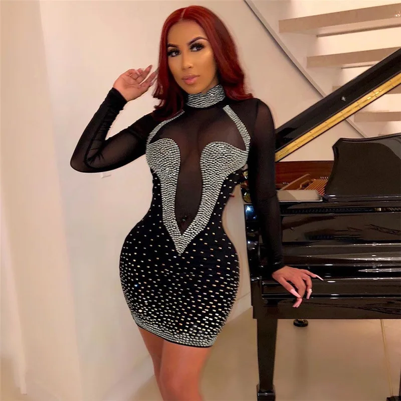 

Сексуальное прозрачное Сетчатое вечернее мини-платье со стразами, женское вечернее Клубное облегающее платье с блестками, Элегантное повс...