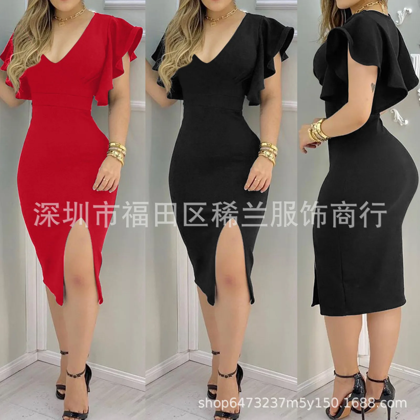 

2022 new women's clothing black sexy deep V ruffled tight-fitting dress