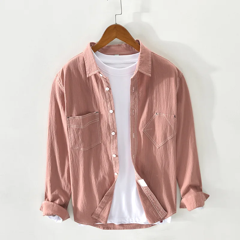 2021 Spring Summer New Men's Casual Cotton Vintage Long Sleeve Shirt