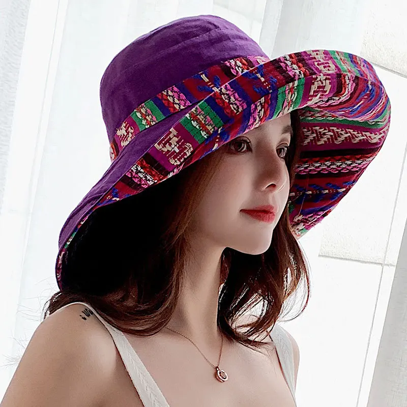 

Retro fashion fisherman hat foldable double-sided bucket hat ladies big-brimmed sun hat summer vacation sunscreen sun hat YF0084