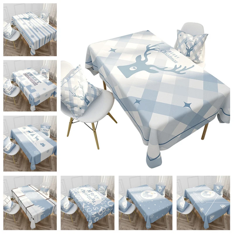 

Merry Christmas Linen Tablecloth Waterproof Rectangular Wedding Dining Table Cover Blue White Elk Tea Table Cloth