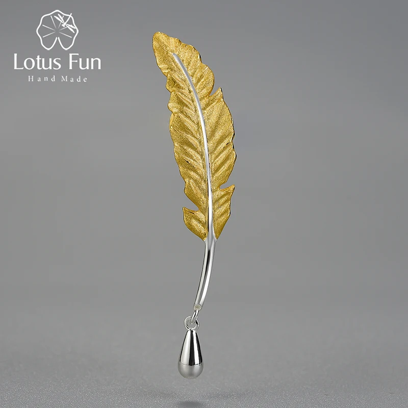 Lotus Fun-broches de pluma de ganso para mujer, de lujo, Vintage, oro de 18K, Pin largo, accesorios de Plata de Ley 925 auténtica, joyería fina