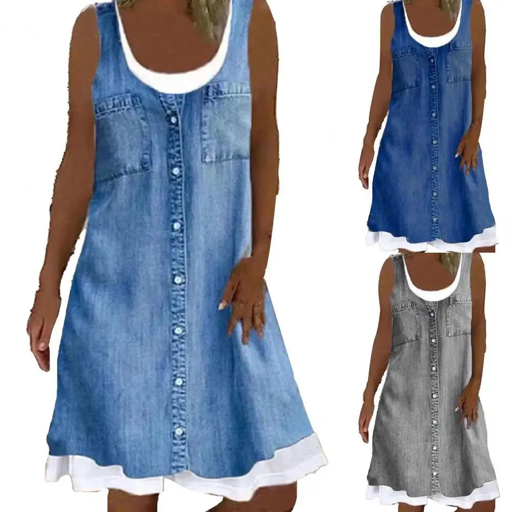 

Летнее женское платье, повседневное свободное платье без рукавов с широким подолом, платье из двух частей, однотонное платье с круглым выре...