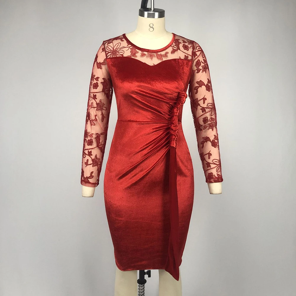 

Sexy Women See Through Long Sleeve Lace Patchwork Ruched Bodycon Party Dress Women's Clothing Vestido De Mujer New Spring 2021