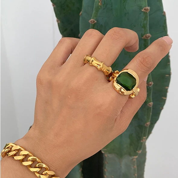 

U-Magical Exaggerated Open Adjustable Bamboo Green Stone Rings for Women Gold Color Metallic Irregular Wide Rings Jewelry