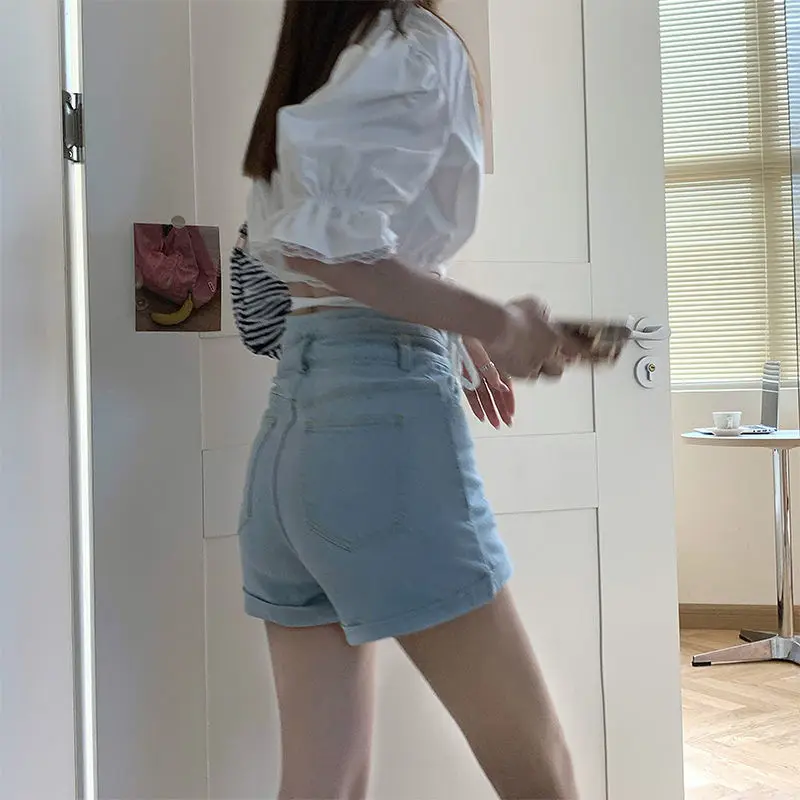 

Summer Korean version ins retro versatile high waist denim shorts women's straight tube slim stretch sexy hot pants fashion