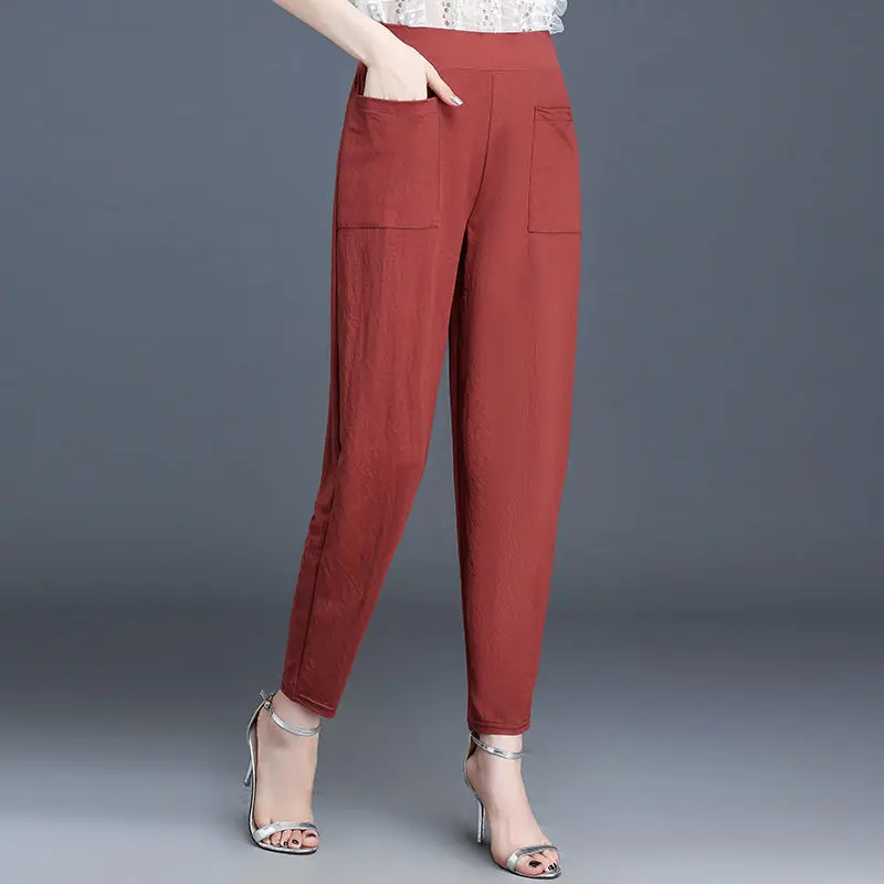 

Spring Summer Women Pants Fashion Ankle-length Loose Harem Pants Soft High Waist Elasticity Solid Color Leisure Corduroy Pants