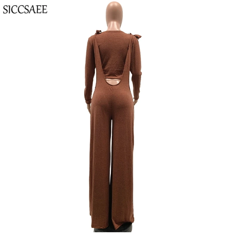 

Long Sleeve Tee Tops Bib Overalls Palazzo Pants Wide Leg Rompers Solid Color Backless Two Piece Set Sexy Casual Outfits Loose