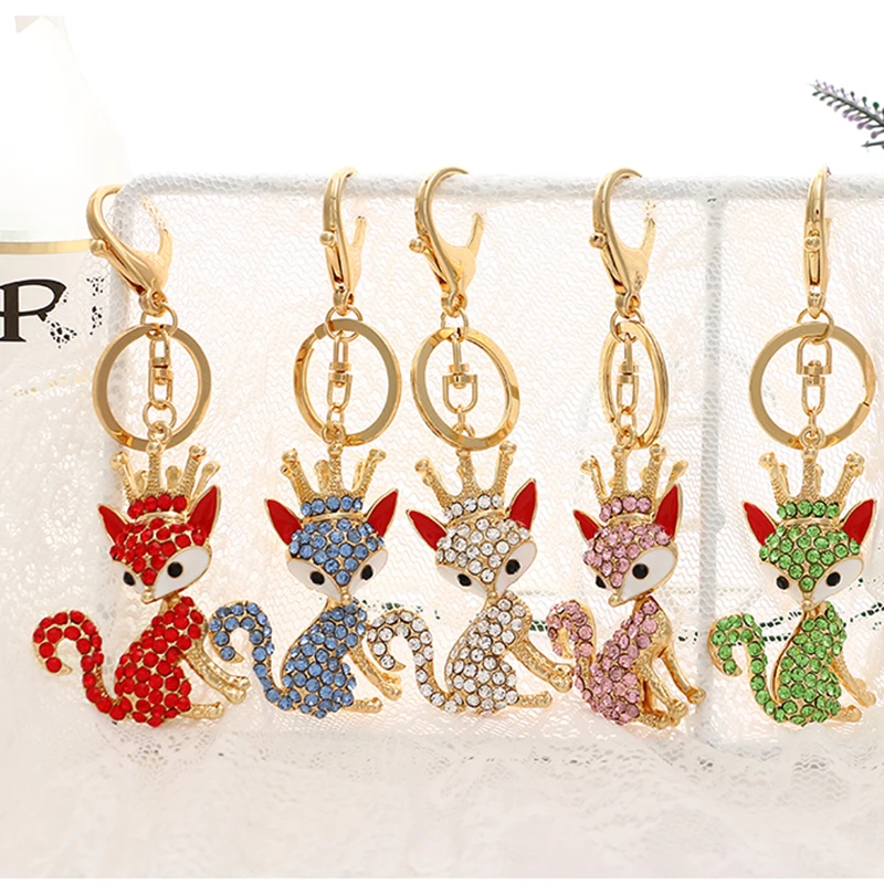 

2020 fashion new color rhinestone cute painting oil crown fox metal bag wallet keychain