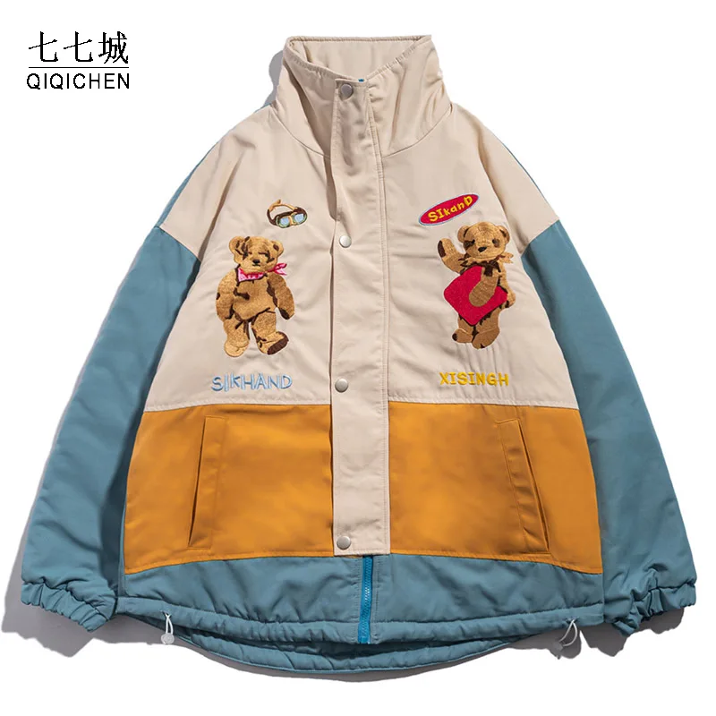 

Cartoon Bear Padded Jacket Men Embroidery Patchwork Street Hip Hop Winter Thicken Cotton Jackets Women Warm Casual Oversize Coat