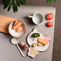 creative ceramic tableware hand painted pink cat dishes cups and spoons set modern cute cartoon dessert dish