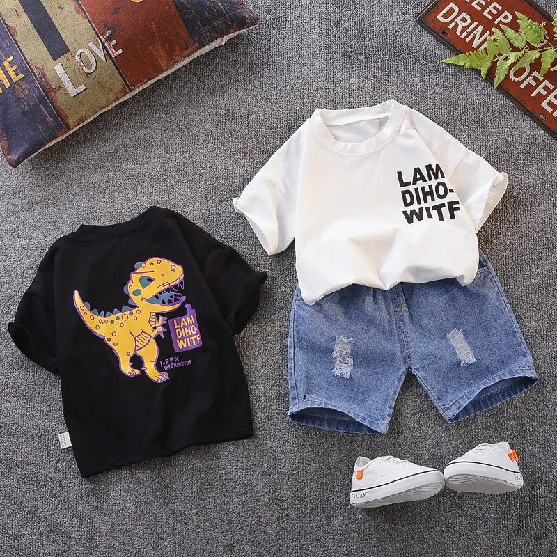

Baby boy clothes summer cartoon dinosaur letter print short-sleeved denim shorts 2-piece set baby boy cotton suit boy suit