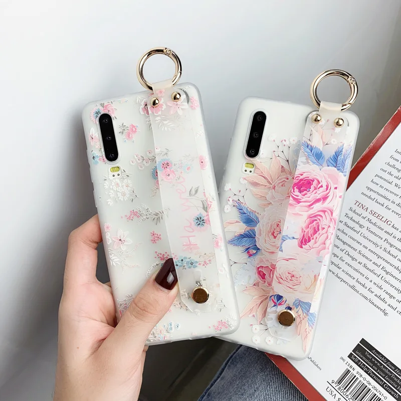 

Wrist Strap Case For Huawei P40 Lite Cases Silicon Floral Phone Bumper Huawei P40 Pro Plus P30 P20 Nova 5T 3 3i 7i 7 Cover Funda