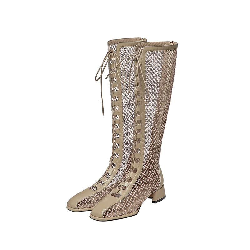 

2021 summer new lace up back zipper boots square head thick heel mesh middle tube hole women's Boots
