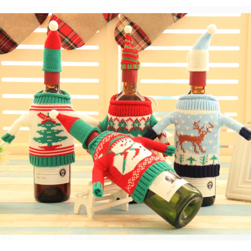 4 комплекта новинка Рождественская Крышка для бутылки вина вязаные свитера
