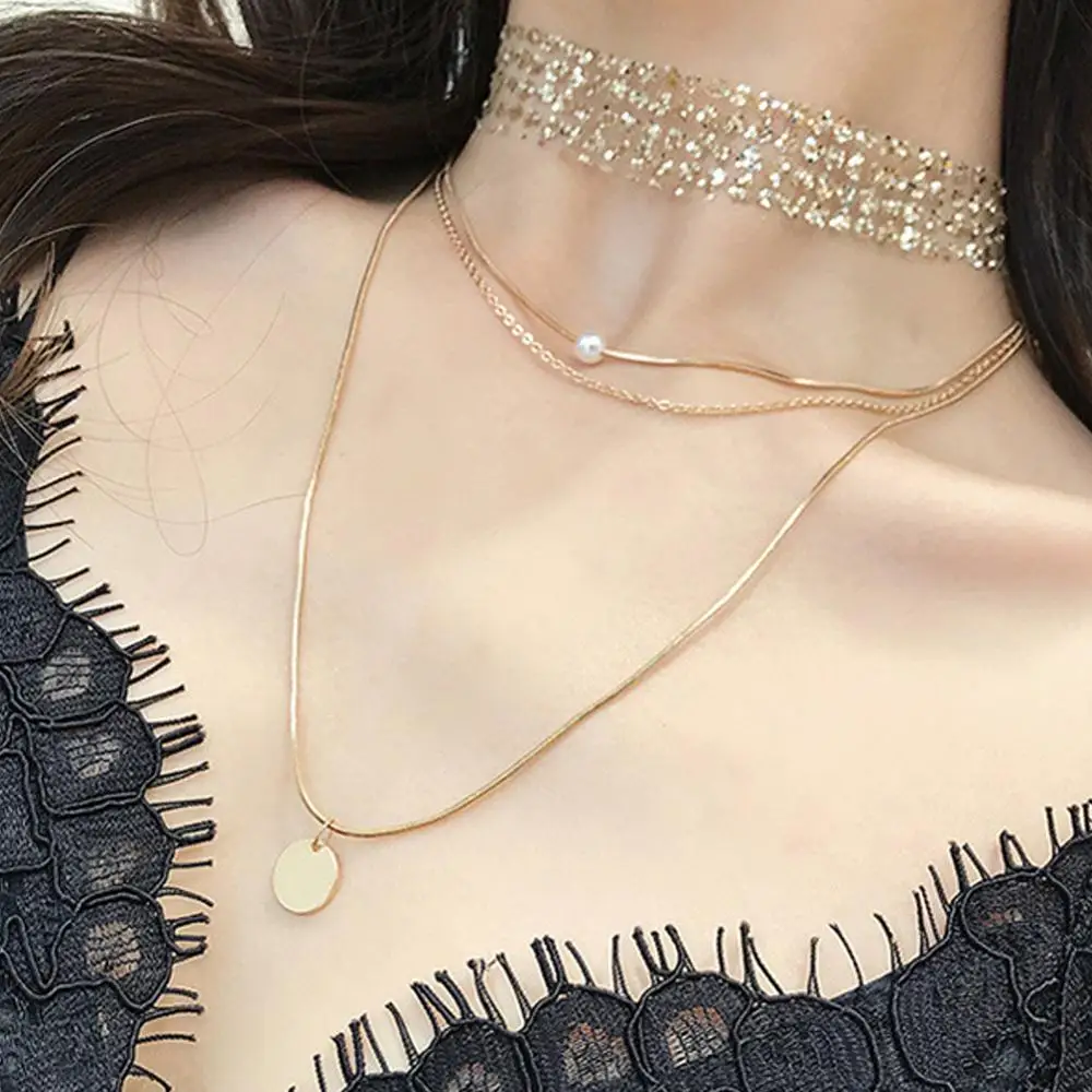 Хит Ins сексуальное колье из чистой пряжи многослойное чокер с жемчугом подвеской