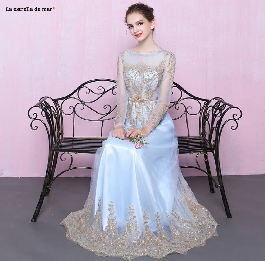 

Dama de honor new lace beaded long sleeve A Line golden pink blue bridesmaid dresses long vestido madrinha wedding guest dress