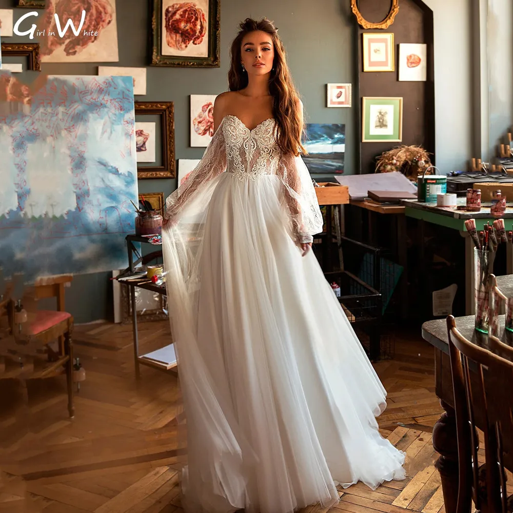 

Sexy Boho A Ling Wedding Dress Illusion Neckline Sweetheart Bride Dress Puff Sleeve Bride GownsBridal Robe De Mariée