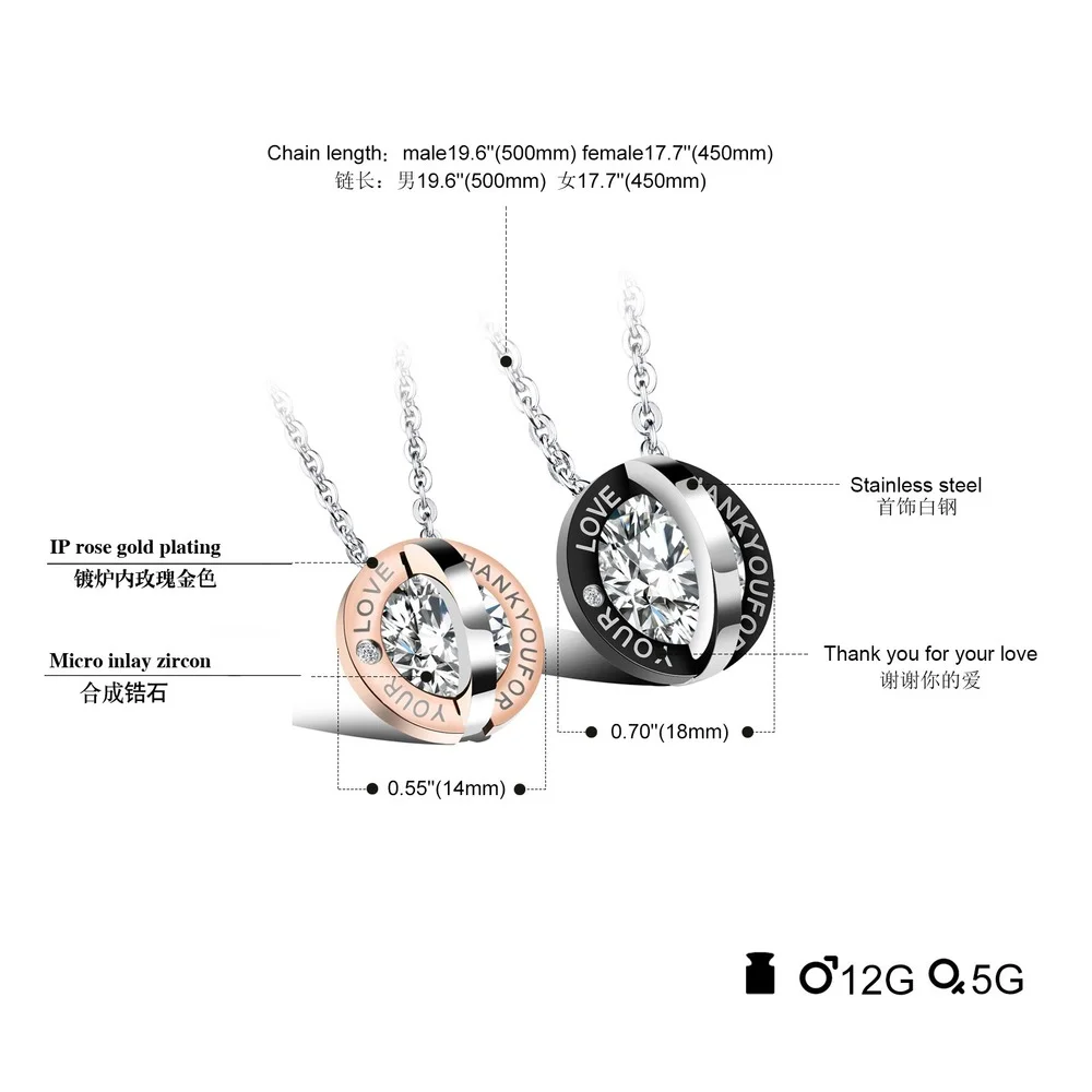 

New Japanese and Korean fashion OL male and female party anniversary gift couple titanium steel inlaid zircon pendant necklace