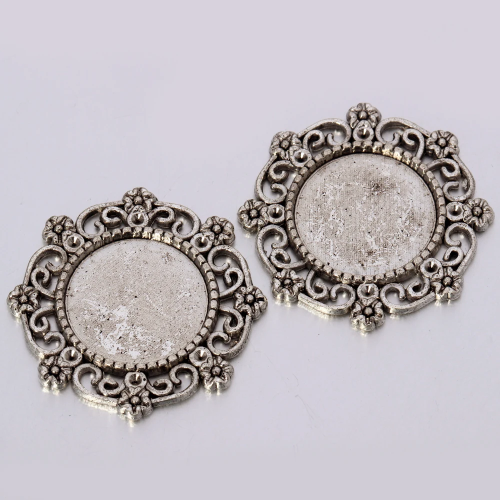 DC 10pcs/lot Blank Ancient Green/silver Flower Tray Fit 15mm Round Cabochon Cameo Setting DIY Necklace Pendant Jewelry Making |