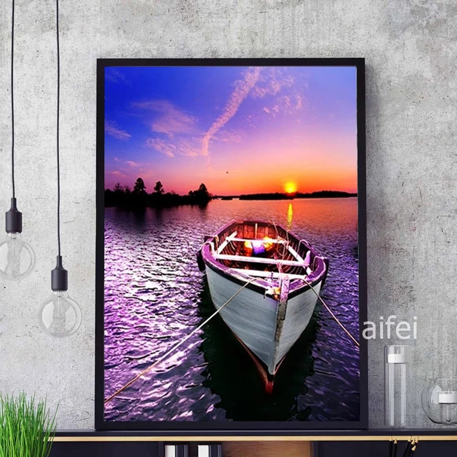 Nordic художественное украшение для дома плакат довольно лодка рисунок озера закат