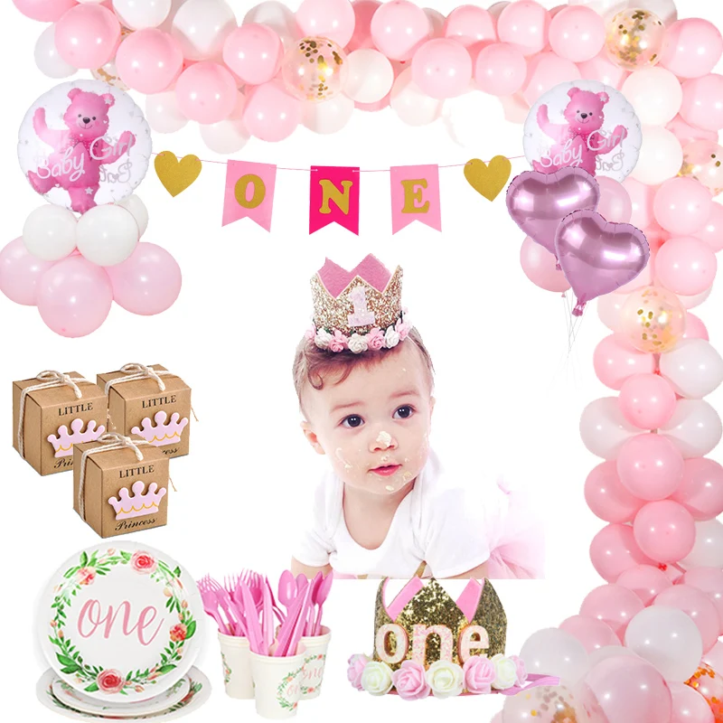 

Joy-Enlife Birthday Decoration Pink Happy Birthday Napink Cake Topper Tableware Pink Balloons First Birthday Girl Party Supplies