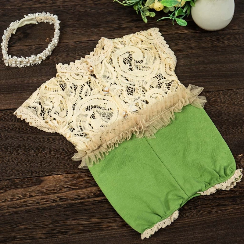 

G2AD 2 Pcs/Set 0-1Month Newborn Photography Props Baby Headband Lace Romper Bodysuits