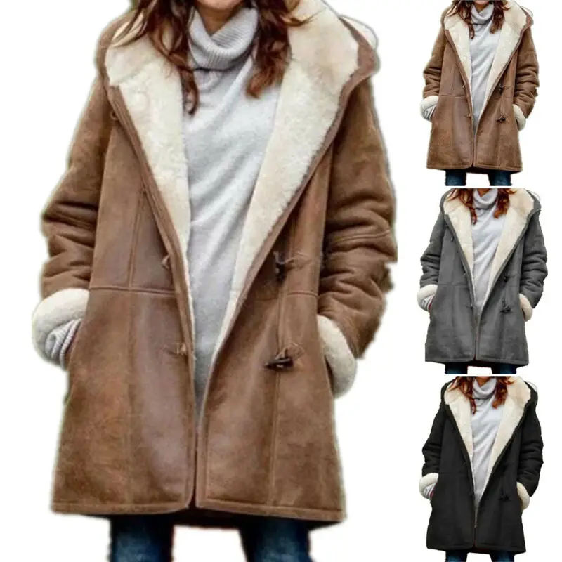 

PU Leather Women Fleece Hooded Jacket Solid Color Female Winter Warm Long Coats