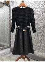 new 2021 autumn winter dress high quality women vintage jacquard patchwork long sleeve casual black dress slim fit flare